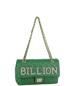 Rhinestone "BILLION" Quilted Turn-lock Chain Shoulder Bag QFS0035 GREEN
